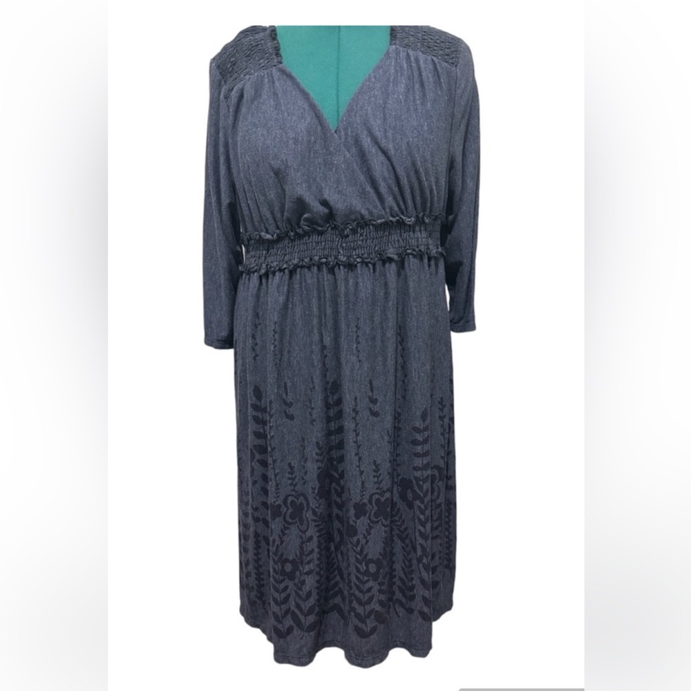 Just My size 2x v neck denim looking dress with floral design on bottom part